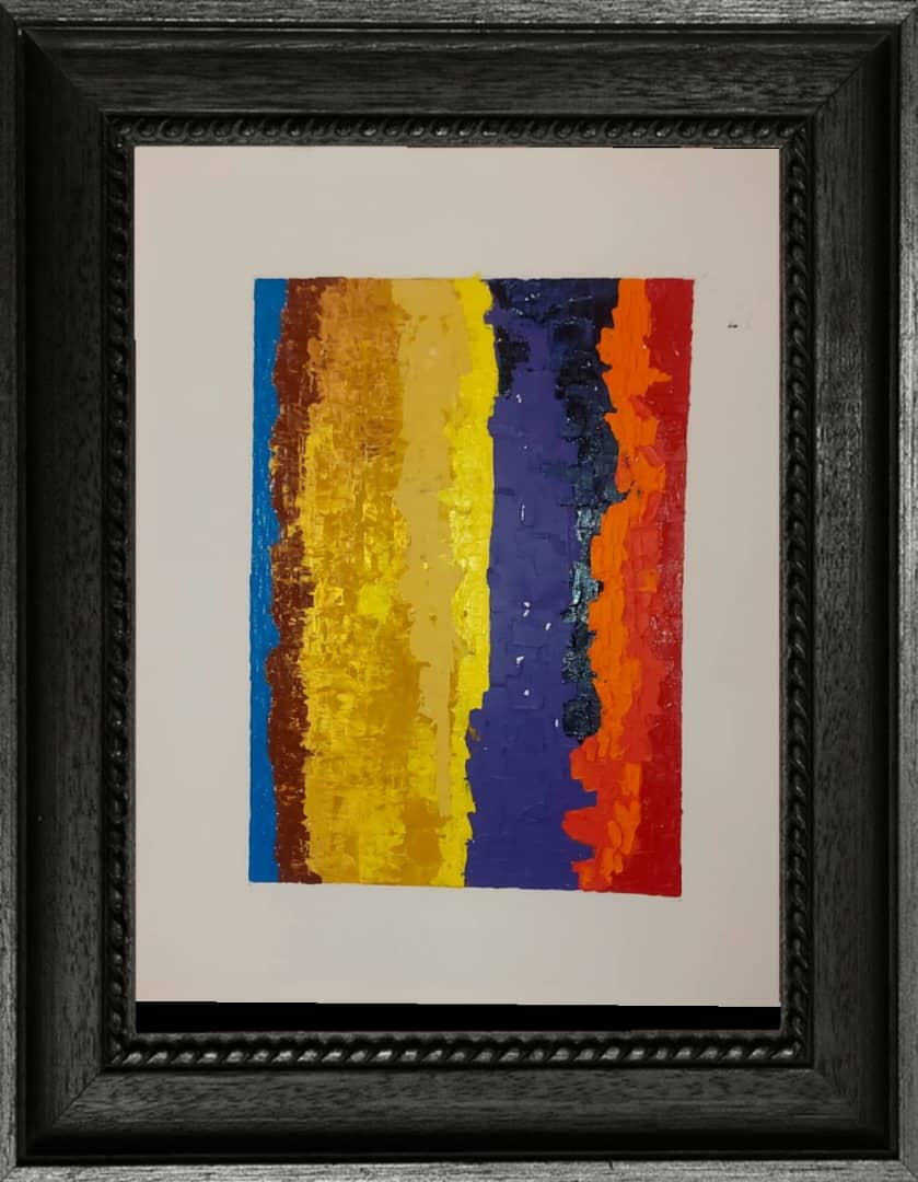 Composition abstraite en bandes colorées — bleu, jaune, violet, rouge — Dek Ahmed Moussa