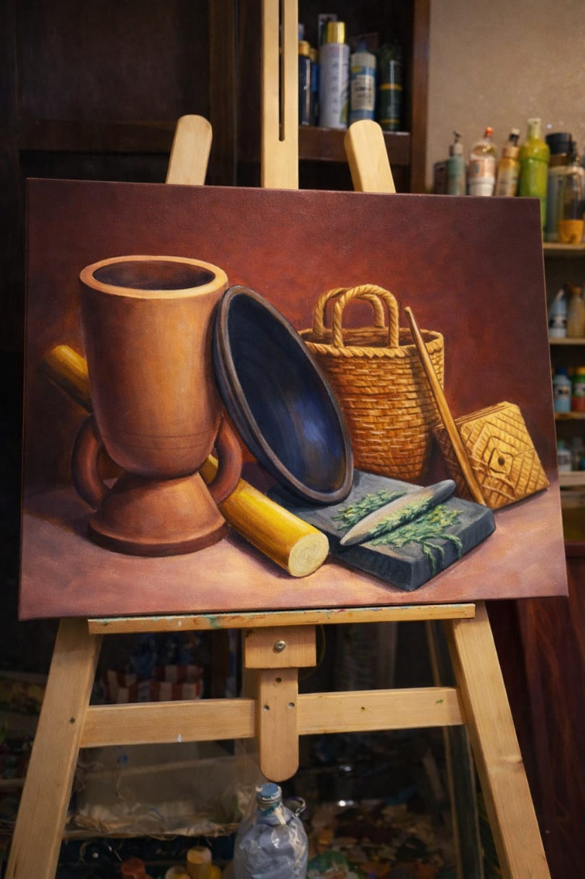 Nature morte djiboutienne sur chevalet — poteries et vannerie traditionnelle