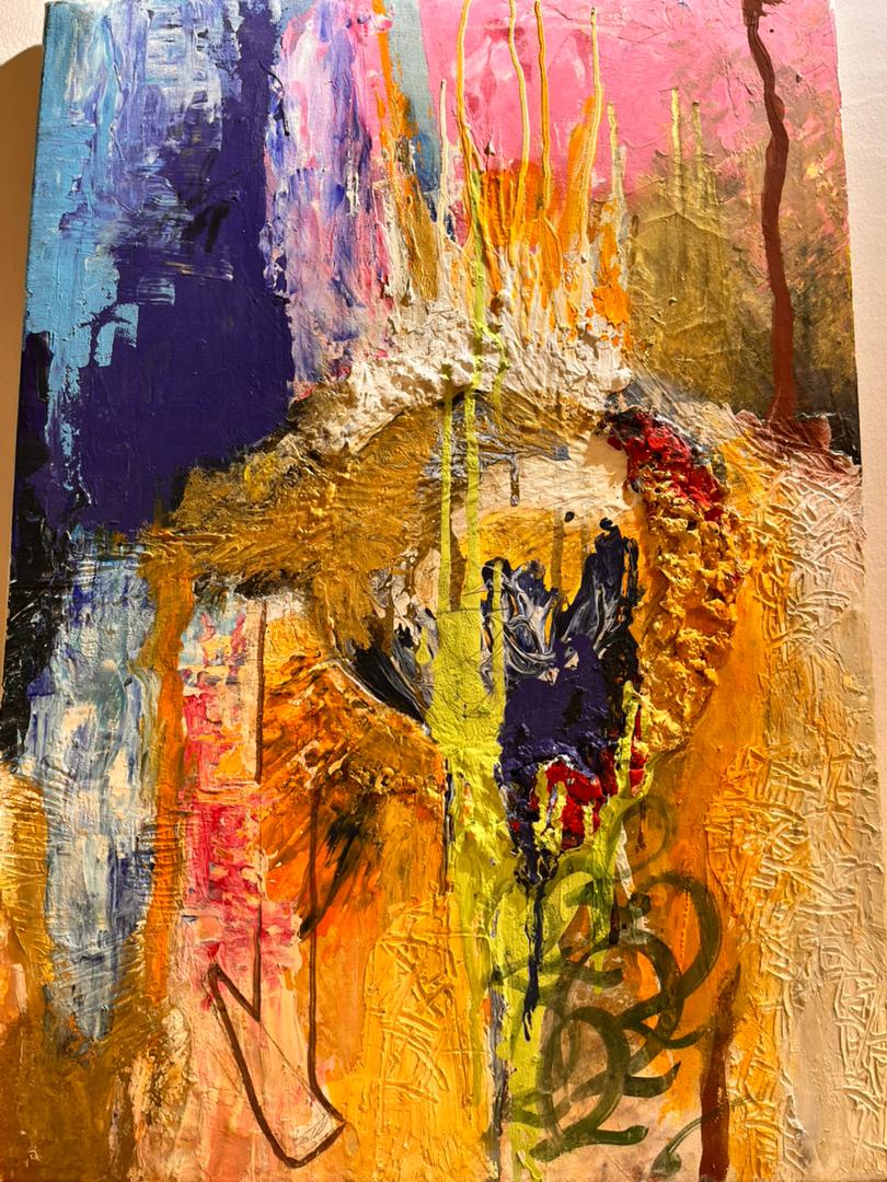 Composition abstraite en coulures pourpre, or et rose — Dek Ahmed Moussa